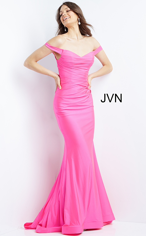 JVN07639 Fuchsia Off The Shoulder Fitted Prom Gown